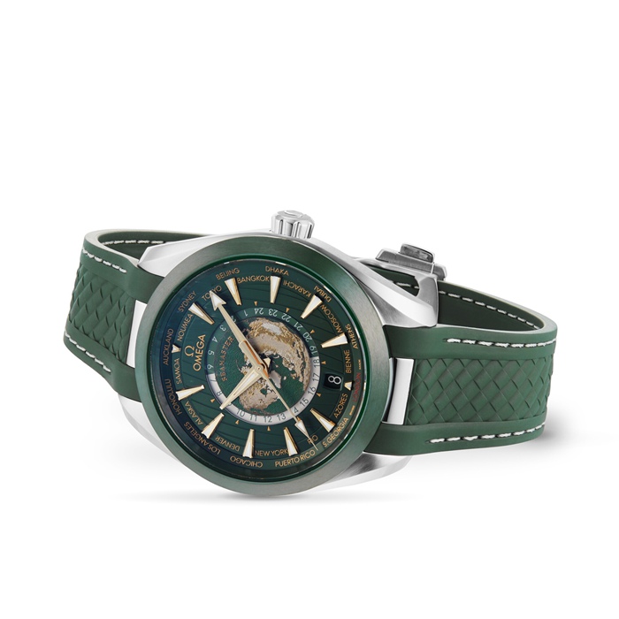 Omega Seamaster Aqua Terra 150m Co Axial Master Chronometer GMT Worldtimer Orologio Uomo 43mm Gomma Verde O22032432210001 - immagine 4
