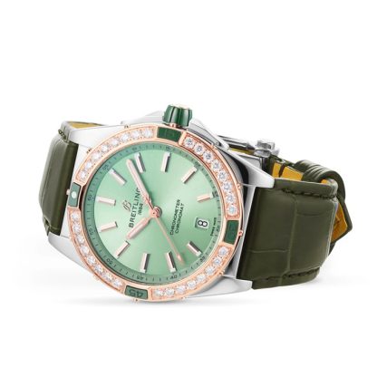 Orologio Breitling Super Chronomat Automatic 38 in acciaio inossidabile verde e cinturino in pelle d'oro rosa 18ct U17356531L1P1 - immagine 3