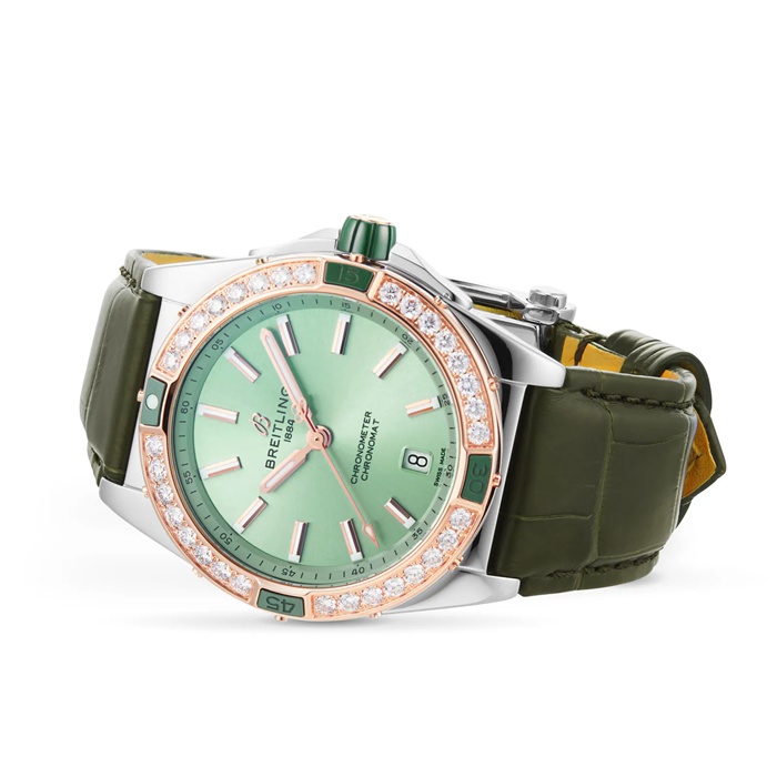 Orologio Breitling Super Chronomat Automatic 38 in acciaio inossidabile verde e cinturino in pelle d'oro rosa 18ct U17356531L1P1 - immagine 3