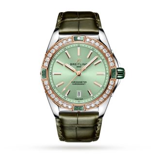Orologio Breitling Super Chronomat Automatic 38 in acciaio inossidabile verde e cinturino in pelle d'oro rosa 18ct U17356531L1P1