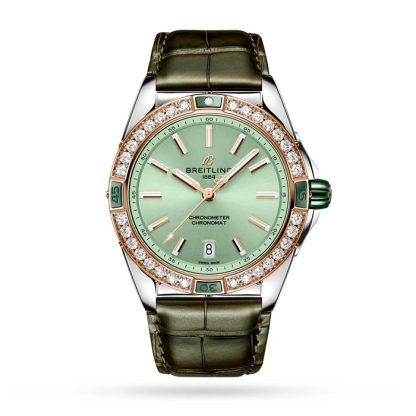 Orologio Breitling Super Chronomat Automatic 38 in acciaio inossidabile verde e cinturino in pelle d'oro rosa 18ct U17356531L1P1