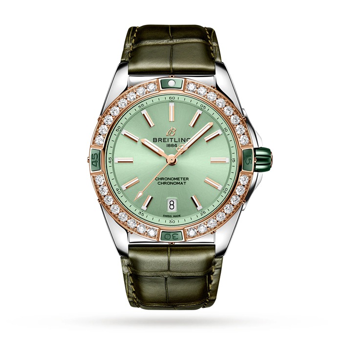 Orologio Breitling Super Chronomat Automatic 38 in acciaio inossidabile verde e cinturino in pelle d'oro rosa 18ct U17356531L1P1