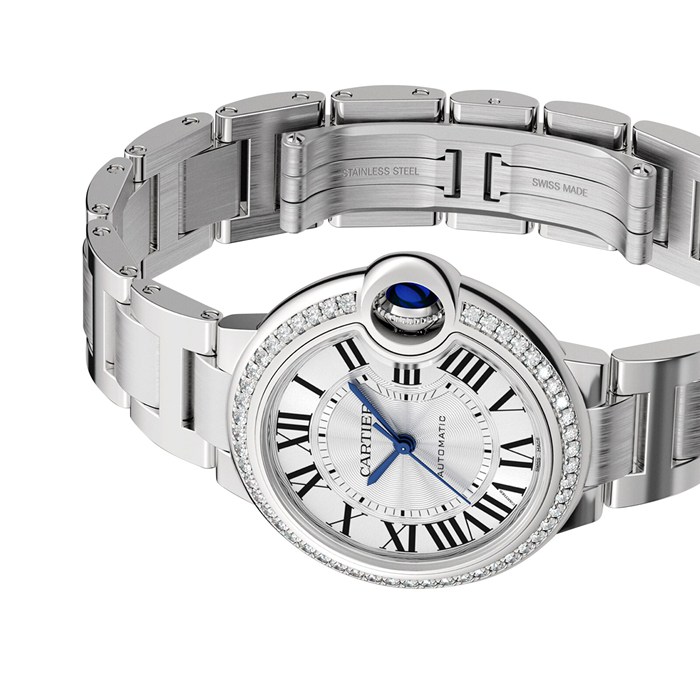 Orologio Cartier Ballon Bleu De Cartier 33mm Movimento meccanico a carica automatica in acciaio con diamanti W4BB0023 - immagine 3