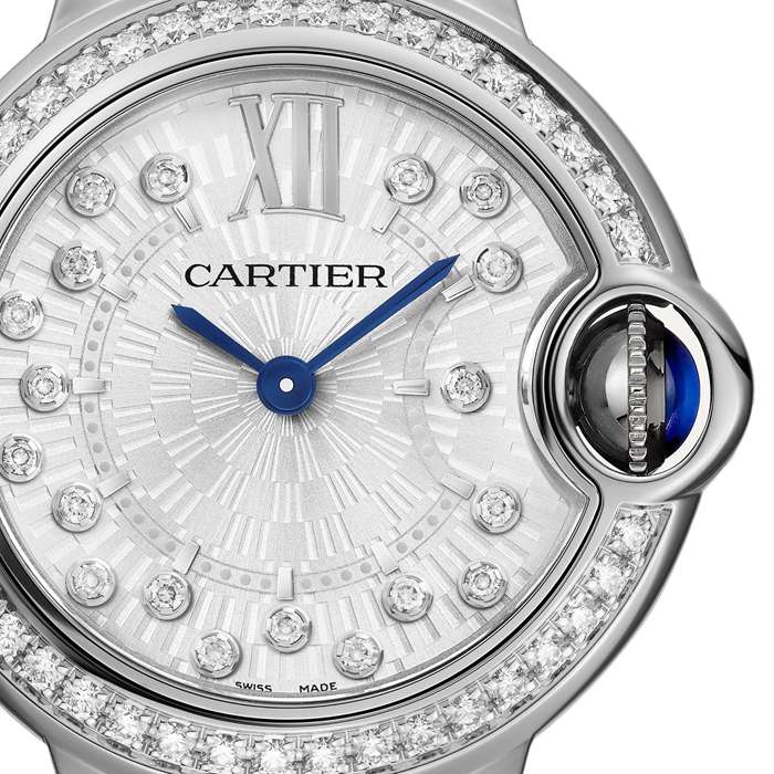 Orologio Cartier Ballon Bleu de Cartier 28 mm Movimento al quarzo Cassa in acciaio Corona scanalata in acciaio con spinello sintetico cabochon incastonato W4BB0034 - immagine 2