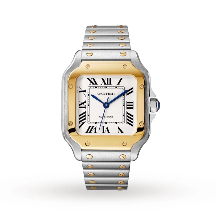 Orologio Cartier Santos De Cartier Modello Medio Movimento Automatico Oro Giallo Acciaio Bracciali intercambiabili in metallo e pelle W2SA0016