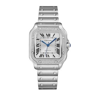 Orologio Cartier Santos De Cartier Modello medio Automatico Acciaio Diamanti Bracciali intercambiabili in metallo e pelle W4SA0005