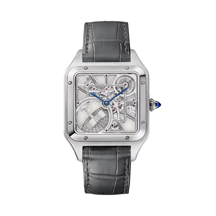 Orologio Cartier Santos-Dumont Skeleton Modello Grande Movimento Automatico Acciaio Pelle WHSA0032
