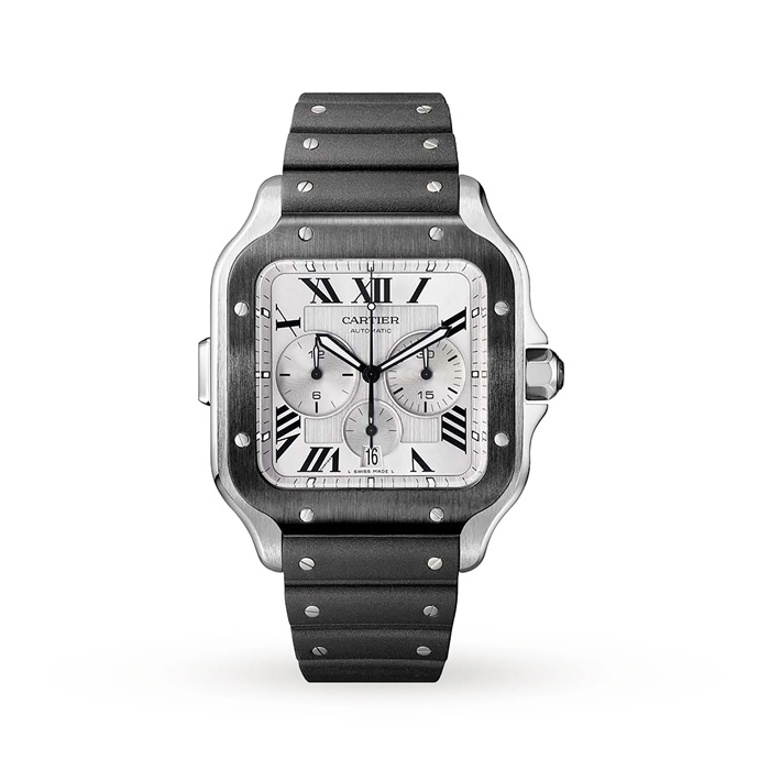 Orologio cronografo Cartier Santos De Cartier Modello Extra-Large Movimento automatico Acciaio ADLC Bracciali in gomma e pelle intercambiabili WSSA0017