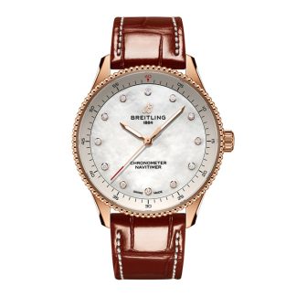Orologio da donna Breitling Navitimer 32mm Bianco Madreperla Alligatore 18k Oro Rosso R77320E61A1P1