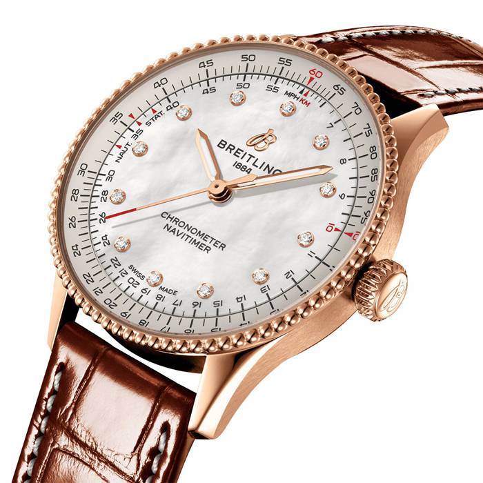 Orologio da donna Breitling Navitimer 36mm Bianco Madreperla Alligatore 18k Oro Rosso R17327211A1P1 - immagine 3