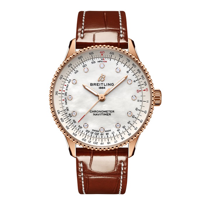 Orologio da donna Breitling Navitimer 36mm Bianco Madreperla Alligatore 18k Oro Rosso R17327211A1P1