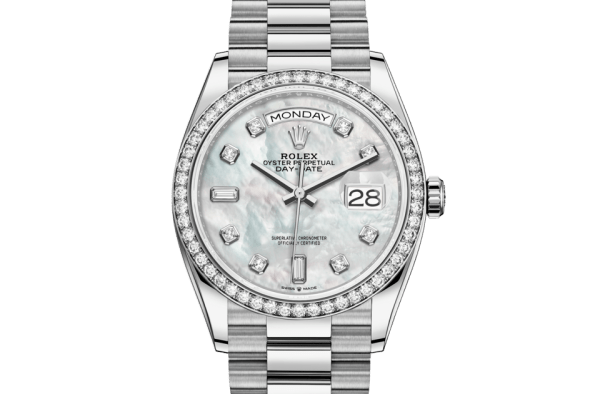 Replica Rolex Day-Date 36 Oyster 36 mm oro bianco e diamanti 128349RBR