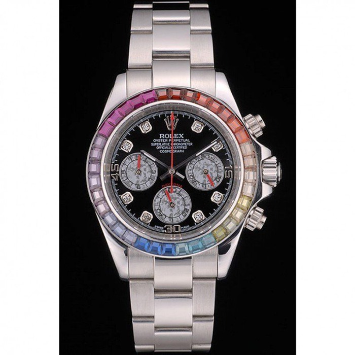 Replica Rolex Daytona Cosmograph Arcobaleno Cristalli Lunetta Inox Cinturino Ripido Quadrante Nero 80250 - immagine 2
