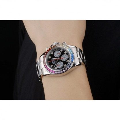 Replica Rolex Daytona Cosmograph Arcobaleno Cristalli Lunetta Inox Cinturino Ripido Quadrante Nero 80250 - immagine 11