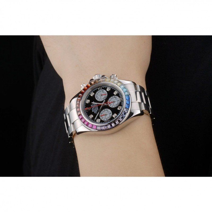 Replica Rolex Daytona Cosmograph Arcobaleno Cristalli Lunetta Inox Cinturino Ripido Quadrante Nero 80250 - immagine 11