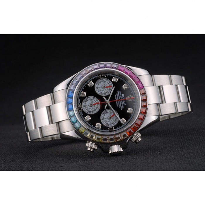 Replica Rolex Daytona Cosmograph Arcobaleno Cristalli Lunetta Inox Cinturino Ripido Quadrante Nero 80250 - immagine 4