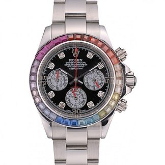 Replica Rolex Daytona Cosmograph Arcobaleno Cristalli Lunetta Inox Cinturino Ripido Quadrante Nero 80250
