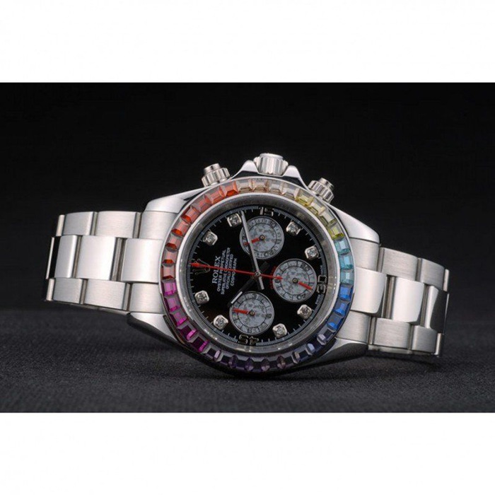 Replica Rolex Daytona Cosmograph Arcobaleno Cristalli Lunetta Inox Cinturino Ripido Quadrante Nero 80250 - immagine 5
