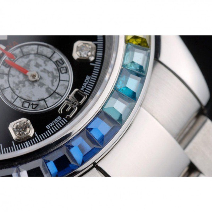 Replica Rolex Daytona Cosmograph Arcobaleno Cristalli Lunetta Inox Cinturino Ripido Quadrante Nero 80250 - immagine 10