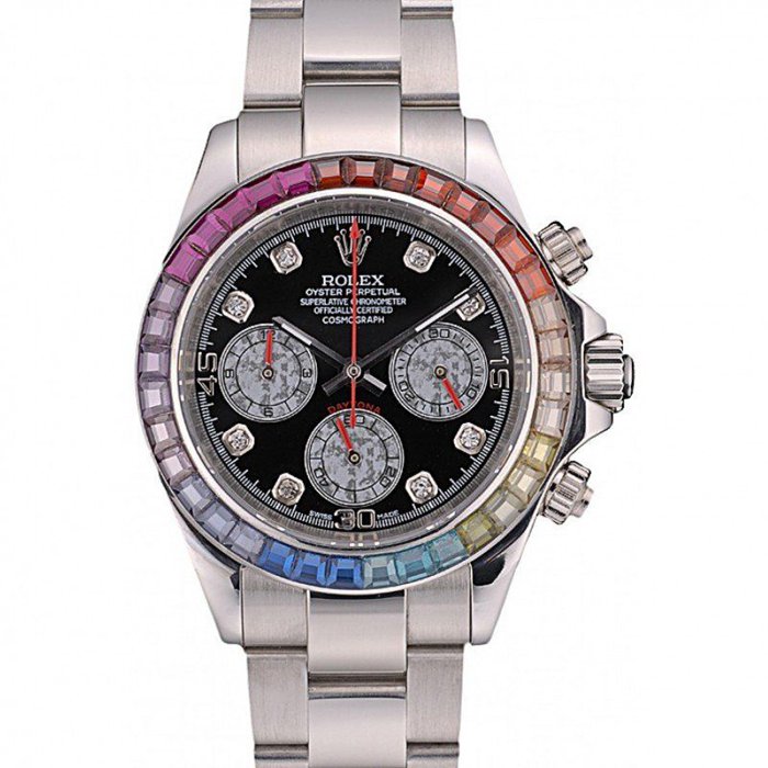 Replica Rolex Daytona Cosmograph Arcobaleno Cristalli Lunetta Inox Cinturino Ripido Quadrante Nero 80250