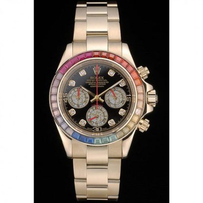 Replica Rolex Daytona Cosmograph Arcobaleno Cristalli Lunetta Oro Rosa Cinturino Nero Quadrante 80251 - immagine 2