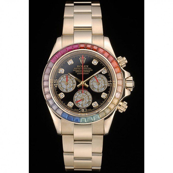 Replica Rolex Daytona Cosmograph Arcobaleno Cristalli Lunetta Oro Rosa Cinturino Nero Quadrante 80251 - immagine 2