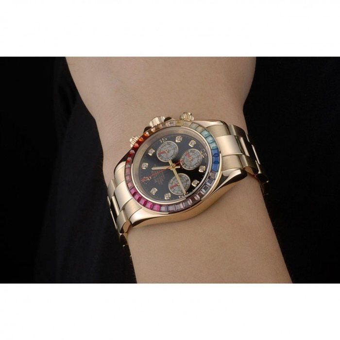 Replica Rolex Daytona Cosmograph Arcobaleno Cristalli Lunetta Oro Rosa Cinturino Nero Quadrante 80251 - immagine 11