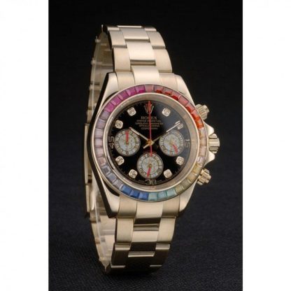 Replica Rolex Daytona Cosmograph Arcobaleno Cristalli Lunetta Oro Rosa Cinturino Nero Quadrante 80251 - immagine 3