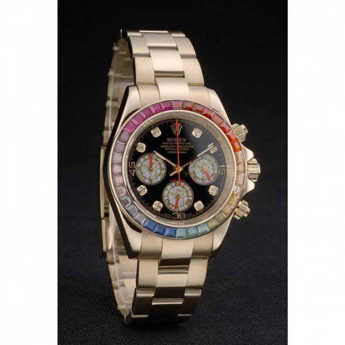 Replica Rolex Daytona Cosmograph Arcobaleno Cristalli Lunetta Oro Rosa Cinturino Nero Quadrante 80251 - immagine 3
