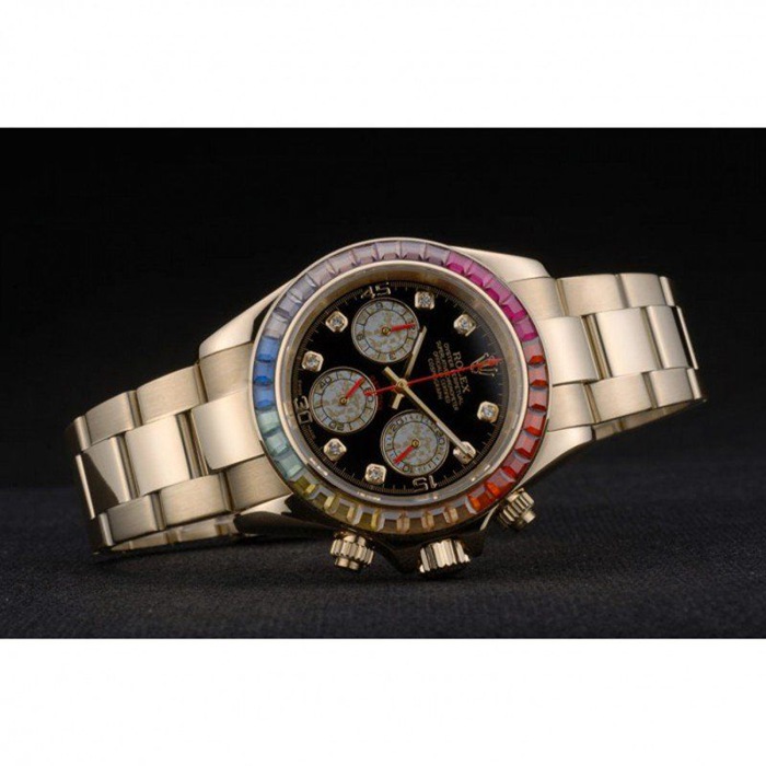 Replica Rolex Daytona Cosmograph Arcobaleno Cristalli Lunetta Oro Rosa Cinturino Nero Quadrante 80251 - immagine 4
