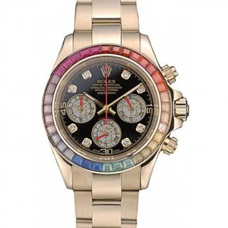 Replica Rolex Daytona Cosmograph Arcobaleno Cristalli Lunetta Oro Rosa Cinturino Nero Quadrante 80251
