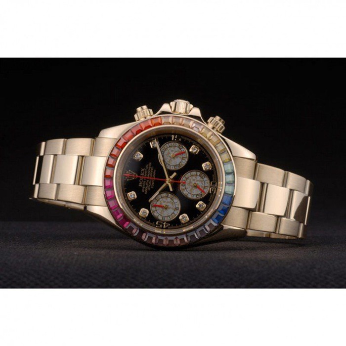 Replica Rolex Daytona Cosmograph Arcobaleno Cristalli Lunetta Oro Rosa Cinturino Nero Quadrante 80251 - immagine 5