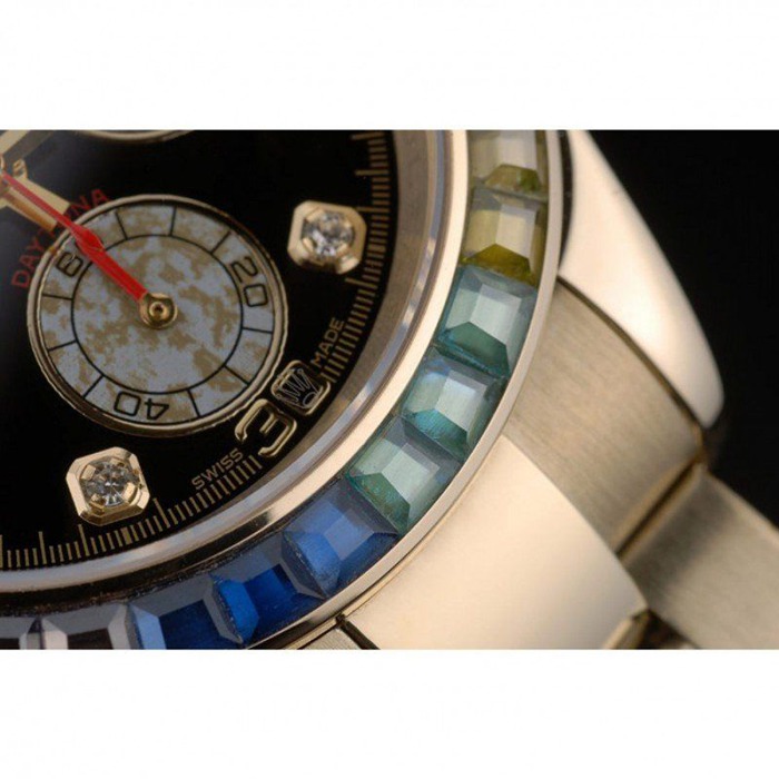 Replica Rolex Daytona Cosmograph Arcobaleno Cristalli Lunetta Oro Rosa Cinturino Nero Quadrante 80251 - immagine 10