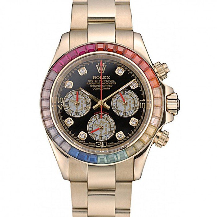 Replica Rolex Daytona Cosmograph Arcobaleno Cristalli Lunetta Oro Rosa Cinturino Nero Quadrante 80251
