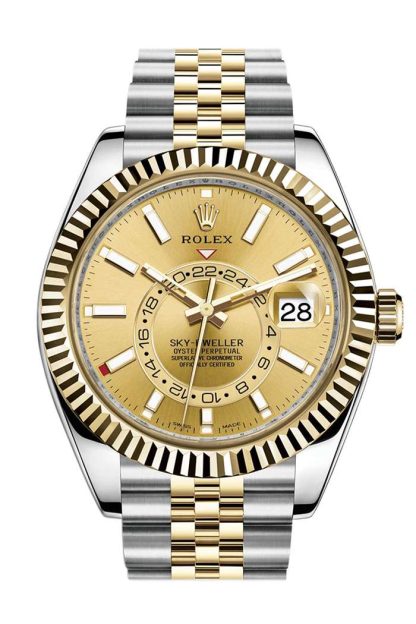Replica Rolex Sky Dweller Quadrante Champagne Lunetta Oro Giallo Due Toni Jubilee 326933