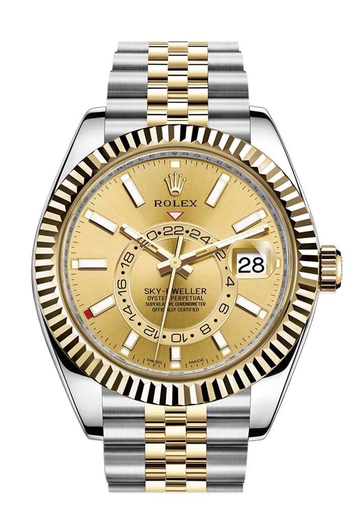 Replica Rolex Sky Dweller Quadrante Champagne Lunetta Oro Giallo Due Toni Jubilee 326933