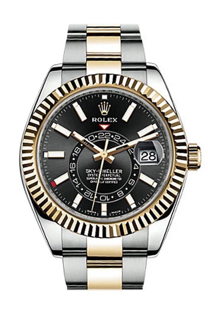 Replica Rolex Sky Dweller Quadrante Nero Lunetta Oro Due Toni Oyster 326933